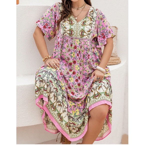 Plus Colorful Floral Print Neck Tie Short Sleeve Maxi Dress - Picture 2 of 4